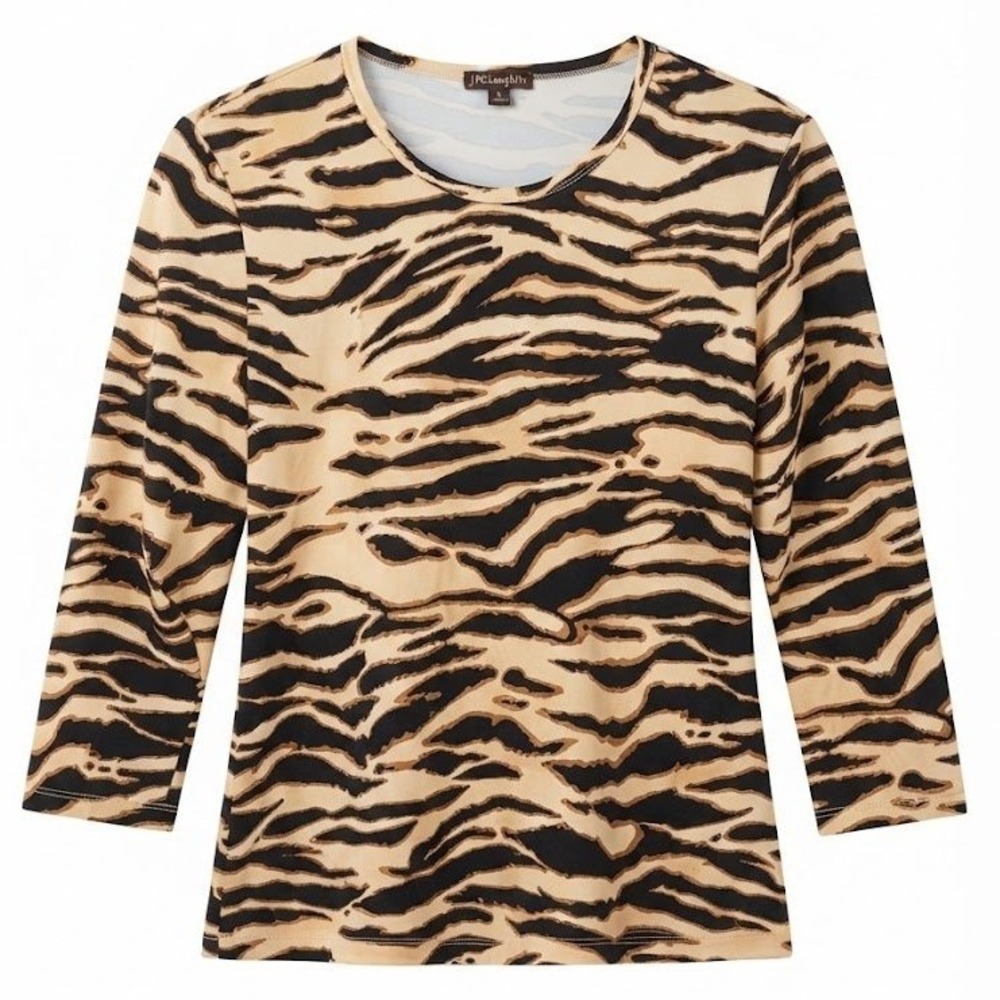 J. McLaughlin Womens XL Tiger Animal Print 3/4 Sleeve Stretch Top Brown - CJ